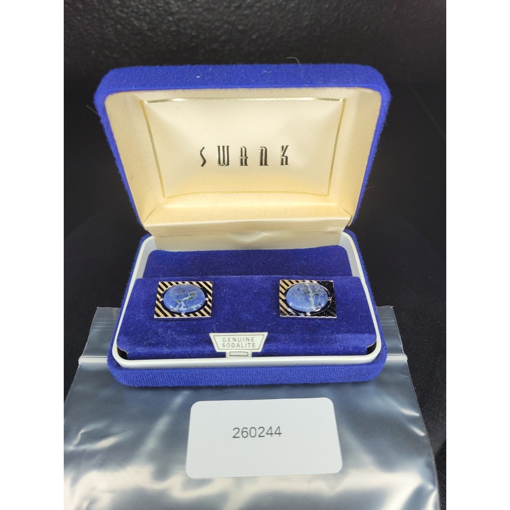 Swank Cufflinks Blue Sodalite Square Black Gold Tone Striped Boxed